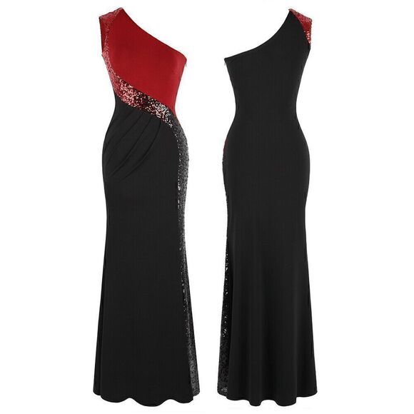 One Shoulder Formal Column Sequin Long Evening Gown Maxi Dress SIZE L NWT - Picture 2 of 16